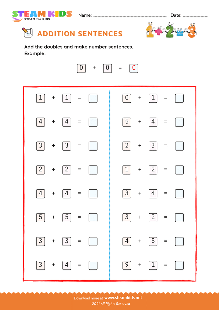 Free Math Worksheet - Adding doubles and doubles plus one - Worksheet 1