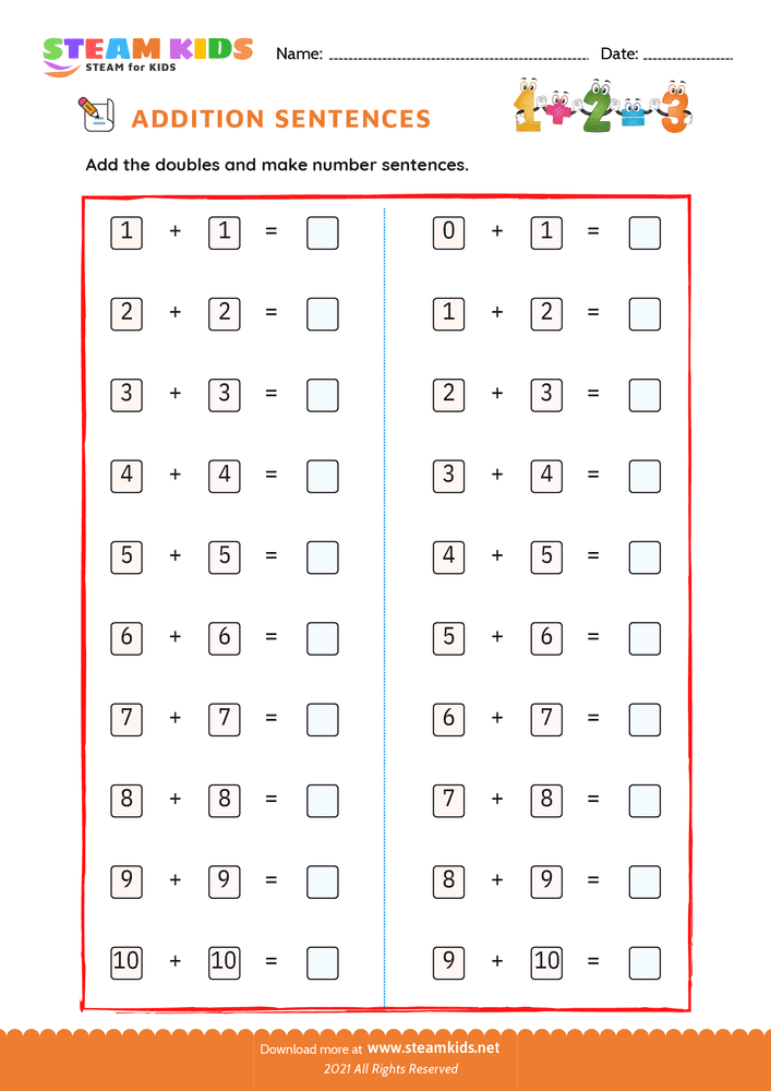 Free Math Worksheet - Adding doubles and doubles plus one - Worksheet 2