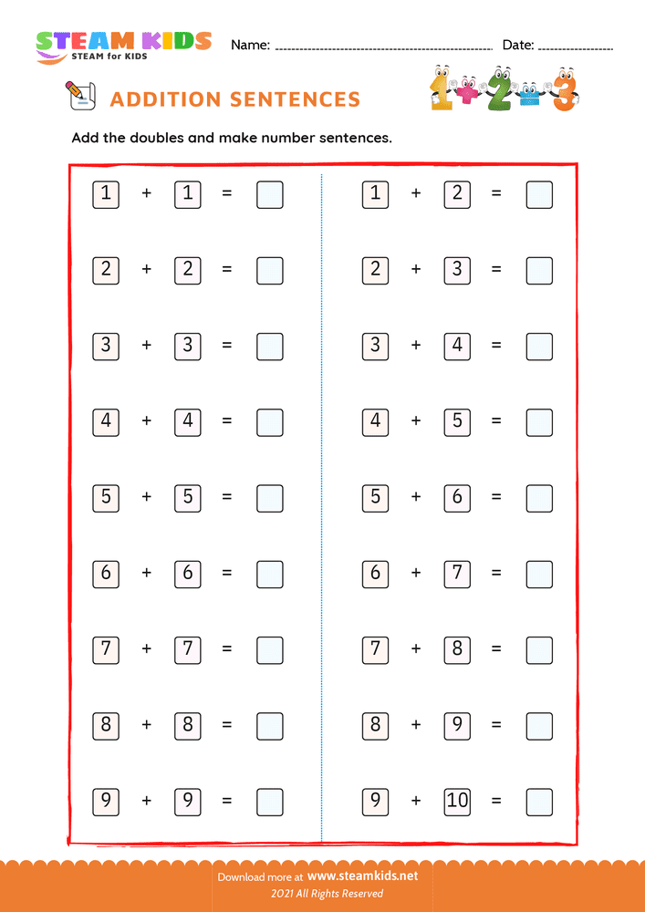 Free Math Worksheet - Adding doubles and doubles plus one - Worksheet 4