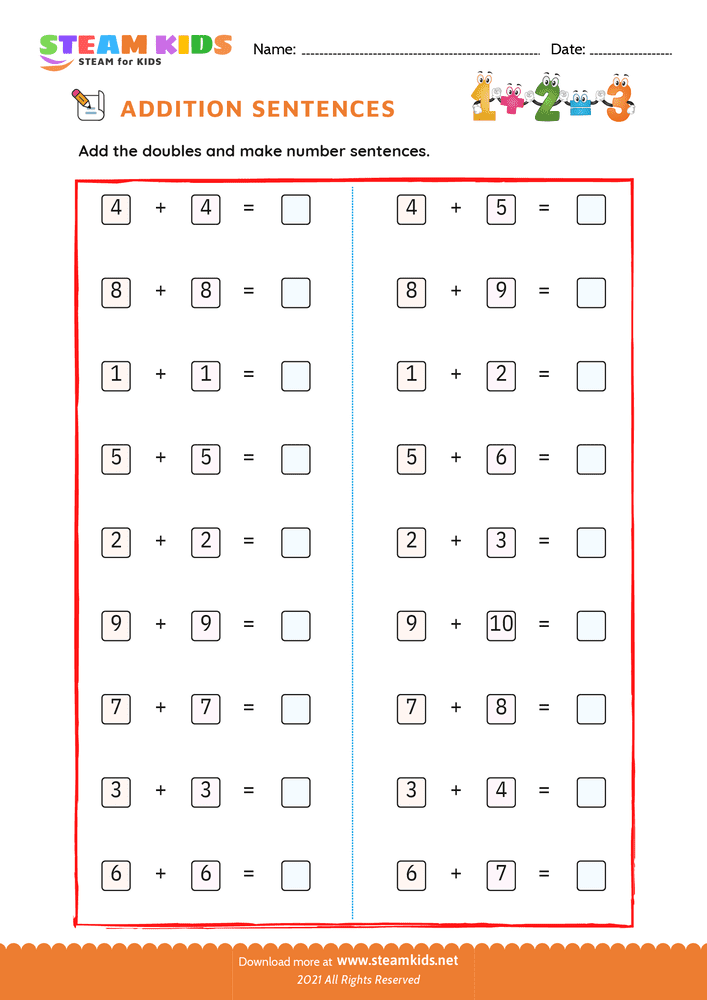 Free Math Worksheet - Adding doubles and doubles plus one - Worksheet 5