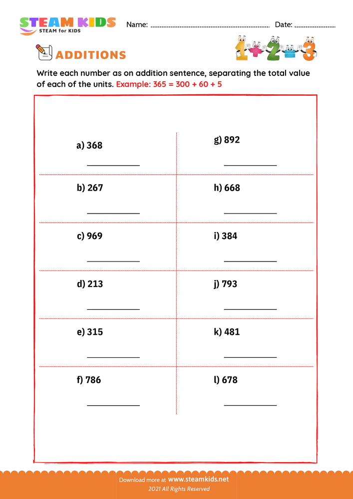 Free Math Worksheet - Number separation - Worksheet 7