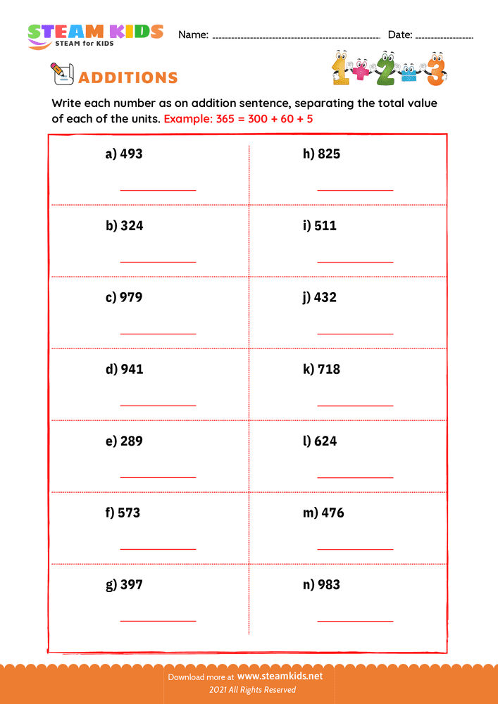 Free Math Worksheet - Number separation - Worksheet 9