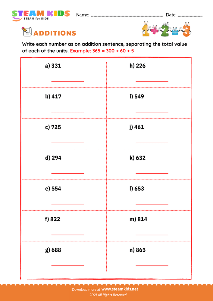 Free Math Worksheet - Number separation - Worksheet 10