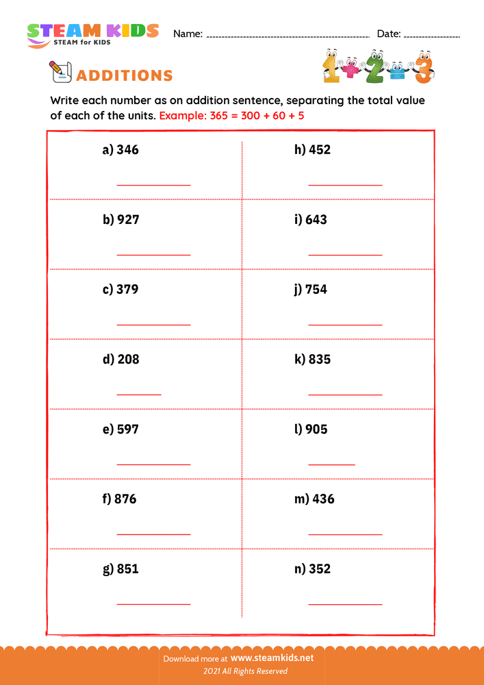 Free Math Worksheet - Number separation - Worksheet 12