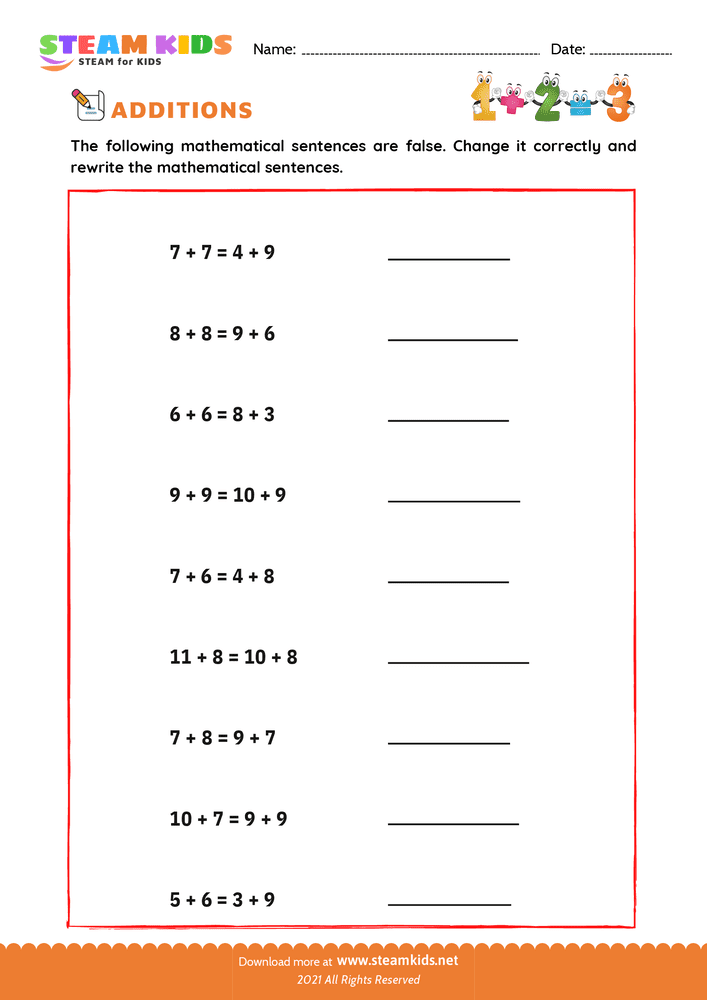 Free Math Worksheet - Addition number sentences - Worksheet 2