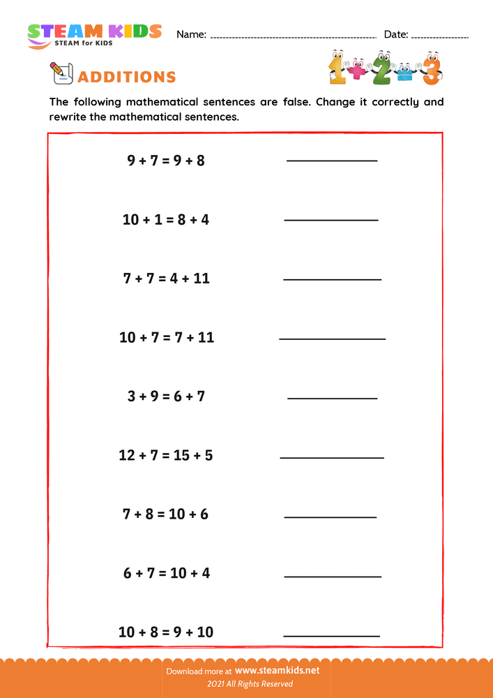 Free Math Worksheet - Addition number sentences - Worksheet 3