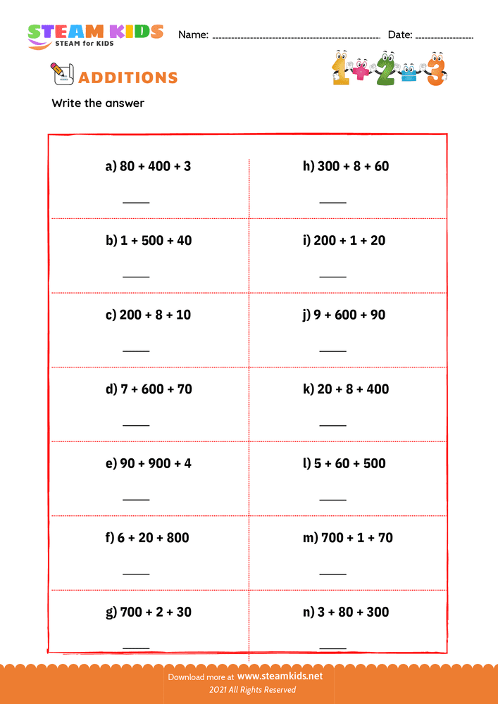 Free Math Worksheet - Units to number - Worksheet 7