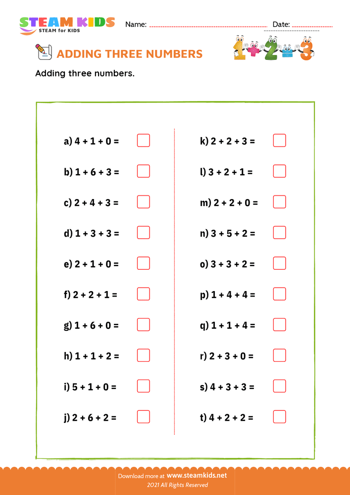 Free Math Worksheet - Adding three number - Worksheet 1