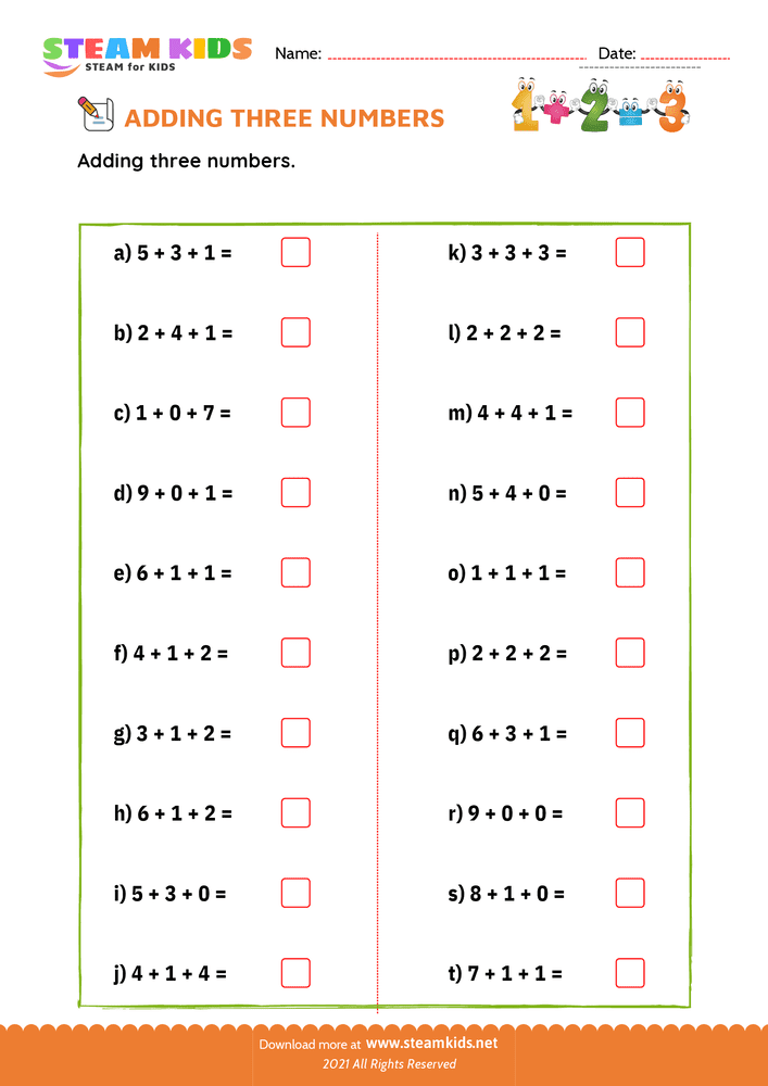 Free Math Worksheet - Adding three number - Worksheet 3