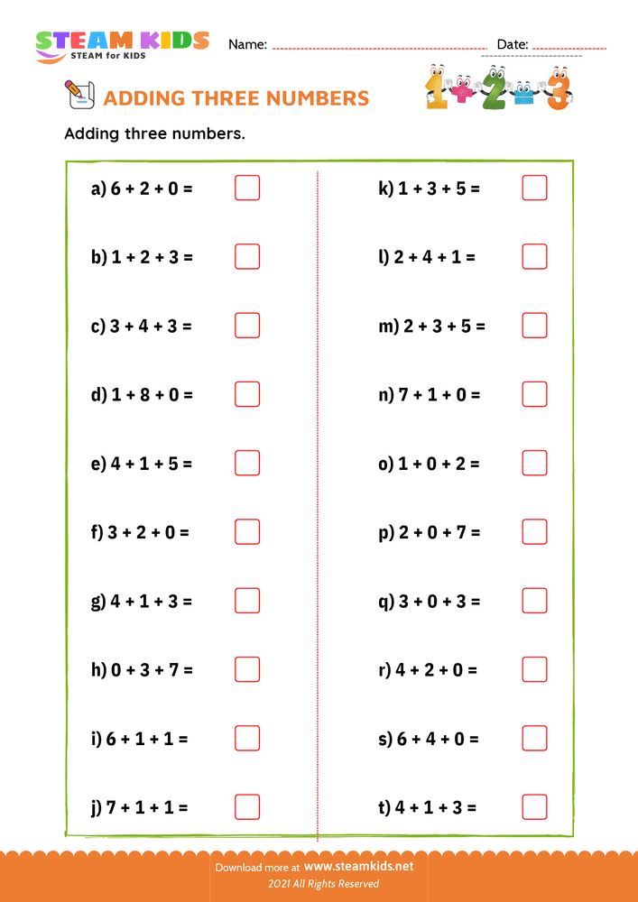 Free Math Worksheet - Adding three number - Worksheet 4