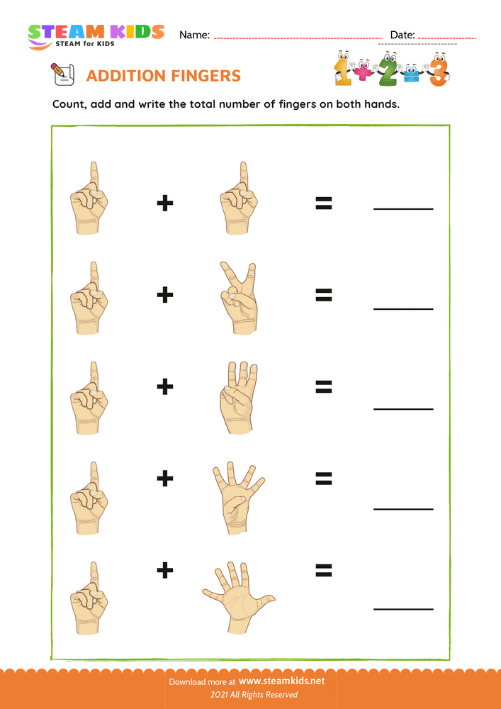 Free Math Worksheet - Finger addition - Worksheet 1