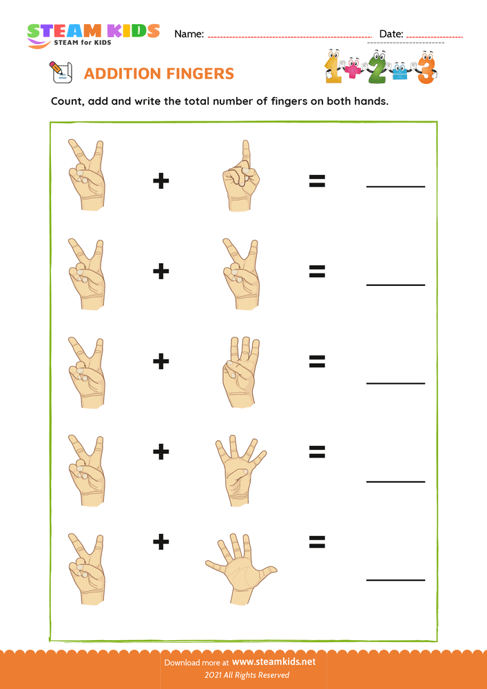 Free Math Worksheet - Finger addition - Worksheet 3