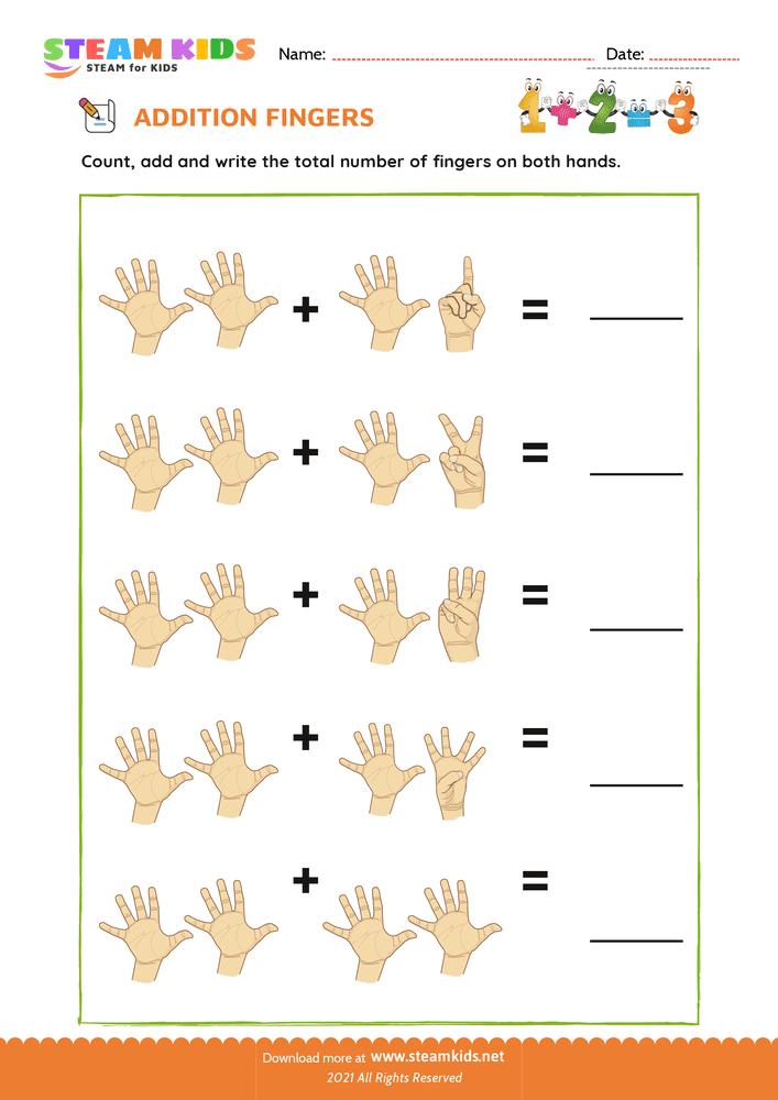 Free Math Worksheet - Finger addition - Worksheet 4