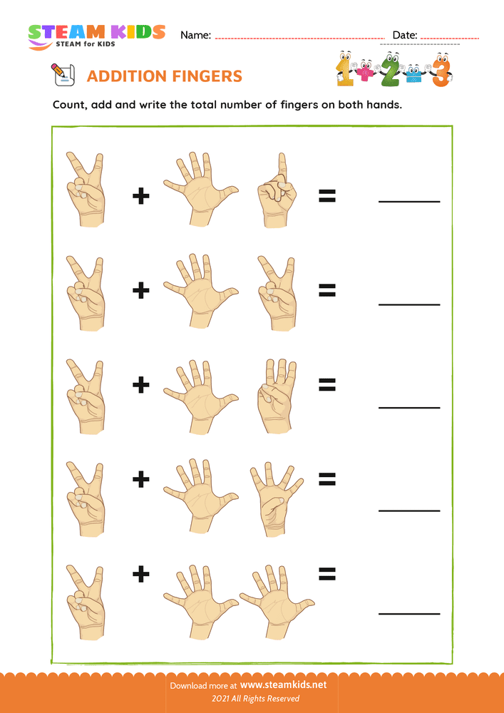 Free Math Worksheet - Finger addition - Worksheet 5