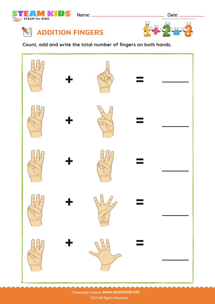 Free Math Worksheet - Finger addition - Worksheet 6