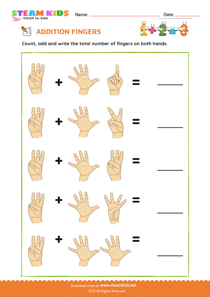 Free Math Worksheet - Finger addition - Worksheet 7