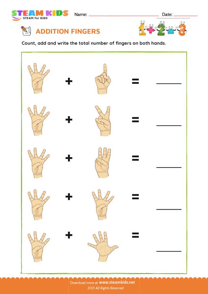 Free Math Worksheet - Finger addition - Worksheet 8