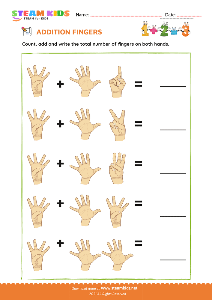 Free Math Worksheet - Finger addition - Worksheet 9