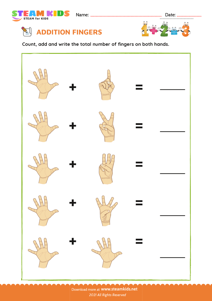 Free Math Worksheet - Finger addition - Worksheet 10