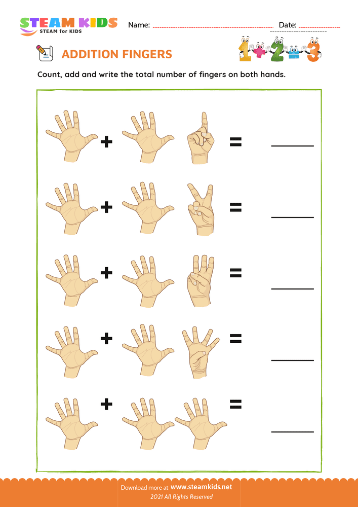 Free Math Worksheet - Finger addition - Worksheet 11