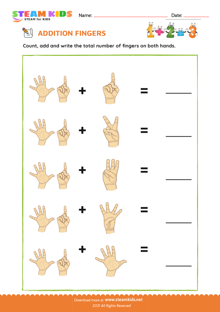 Free Math Worksheet - Finger addition - Worksheet 12