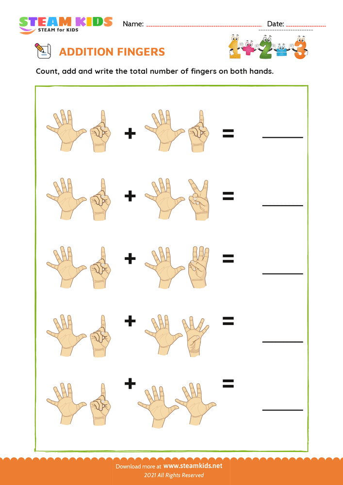 Free Math Worksheet - Finger addition - Worksheet 13