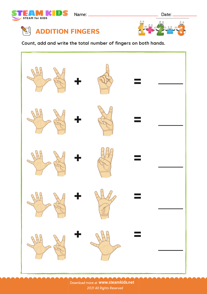 Free Math Worksheet - Finger addition - Worksheet 14