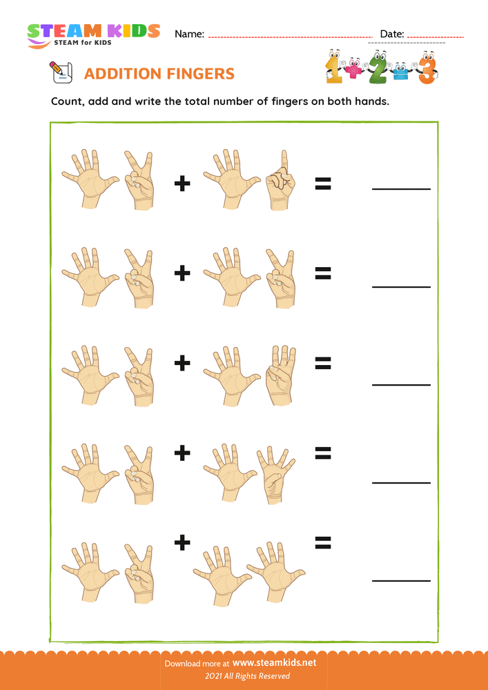 Free Math Worksheet - Finger addition - Worksheet 15