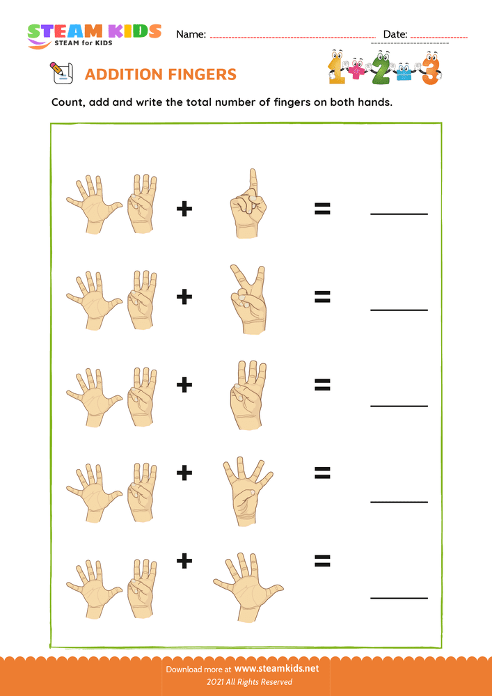 Free Math Worksheet - Finger addition - Worksheet 16