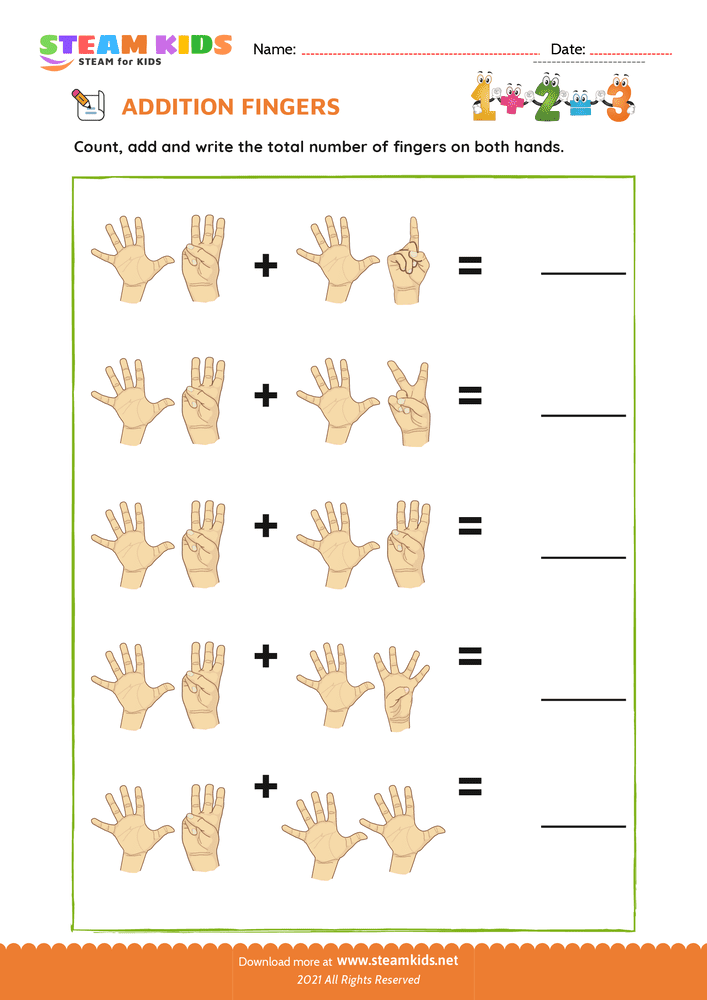 Free Math Worksheet - Finger addition - Worksheet 17