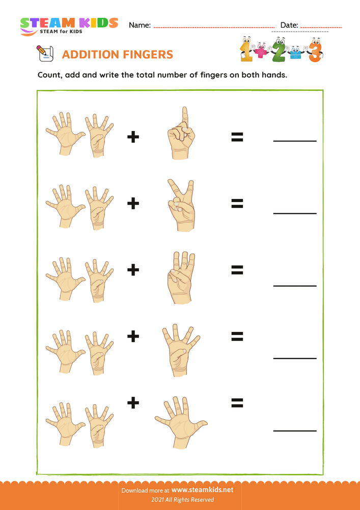 Free Math Worksheet - Finger addition - Worksheet 18