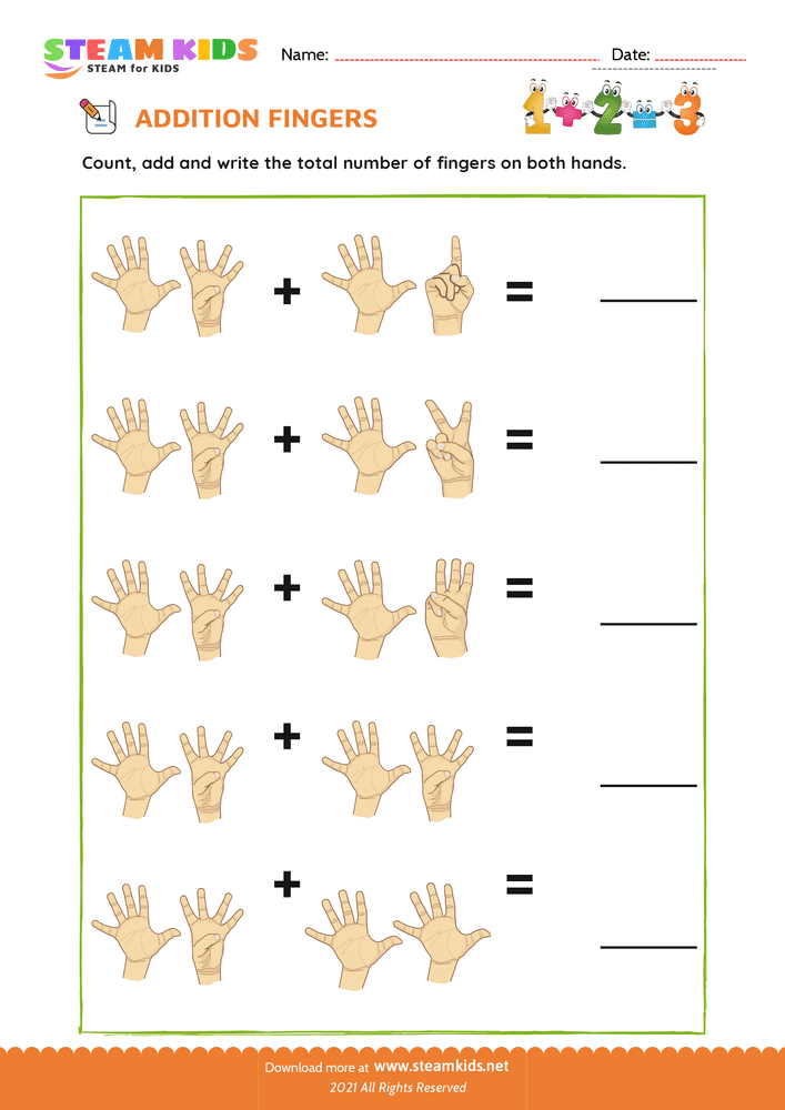 Free Math Worksheet - Finger addition - Worksheet 19