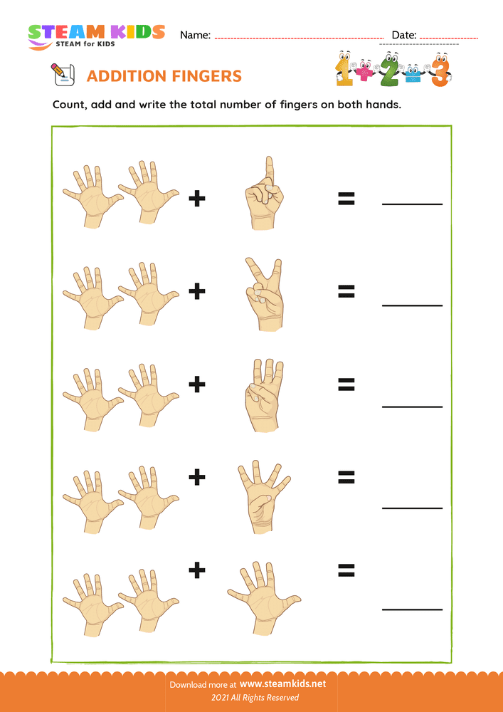 Free Math Worksheet - Finger addition - Worksheet 20