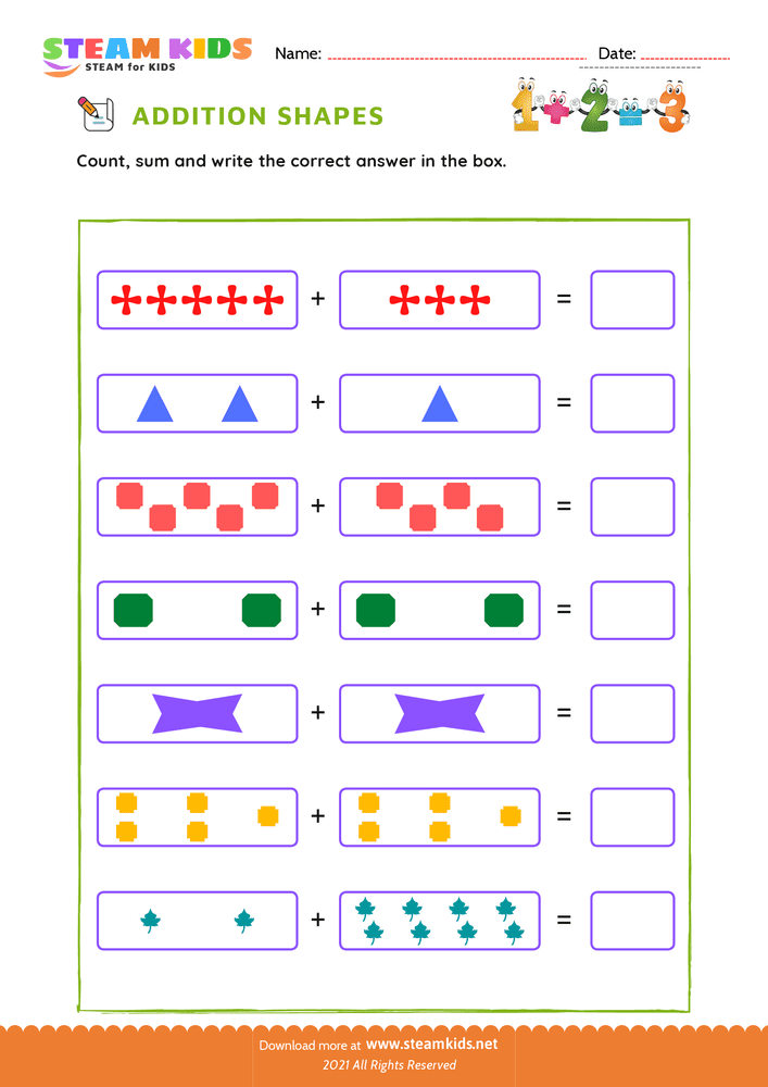 Free Math Worksheet - Addition with shapes - Worksheet 1