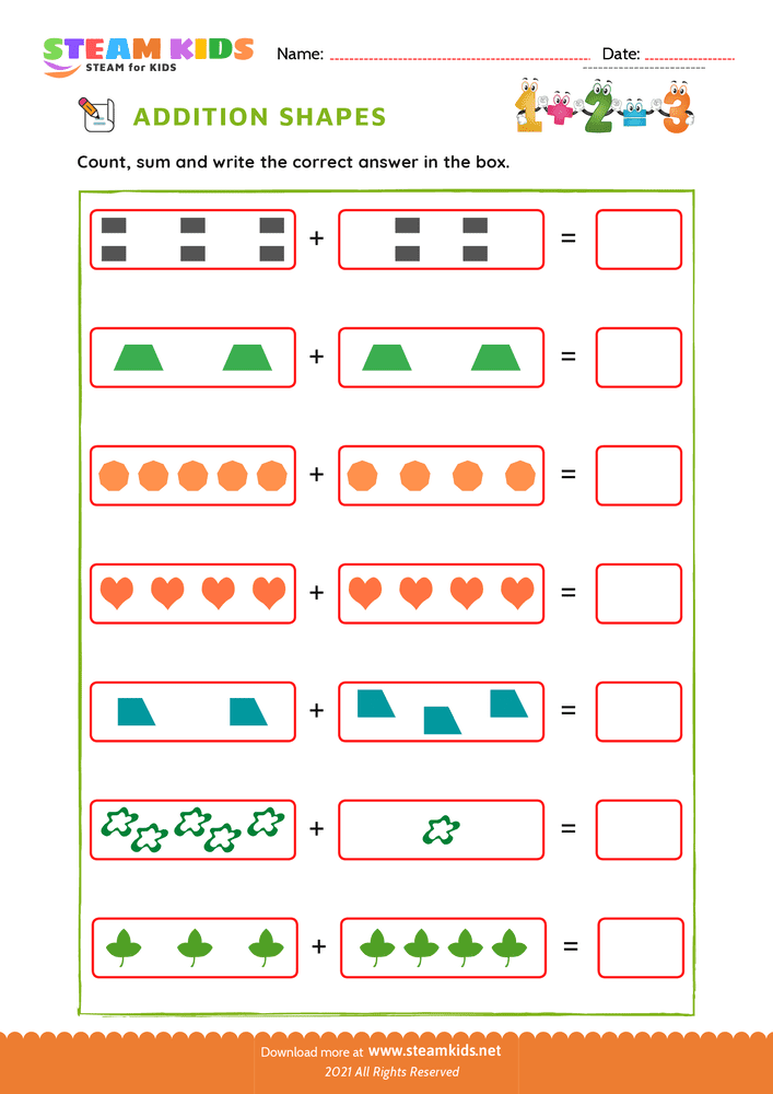 Free Math Worksheet - Addition with shapes - Worksheet 2