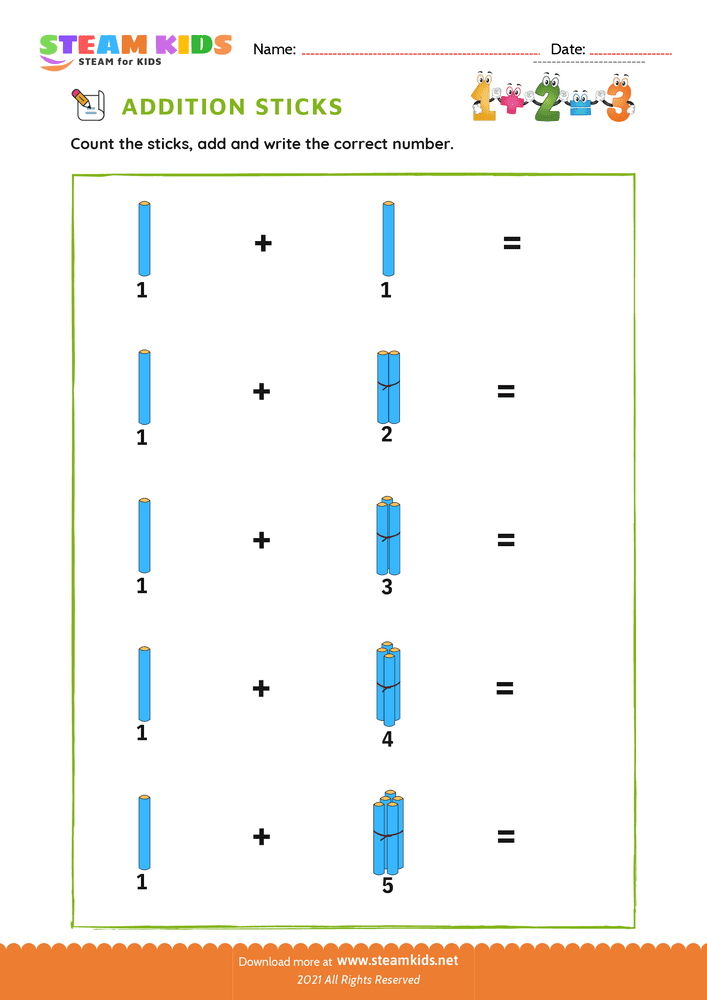 Free Math Worksheet - Addition with Sticks - Worksheet 1