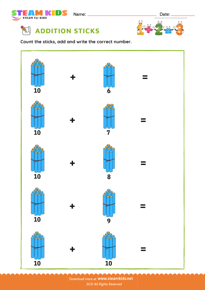 Free Math Worksheet - Addition with Sticks - Worksheet 2