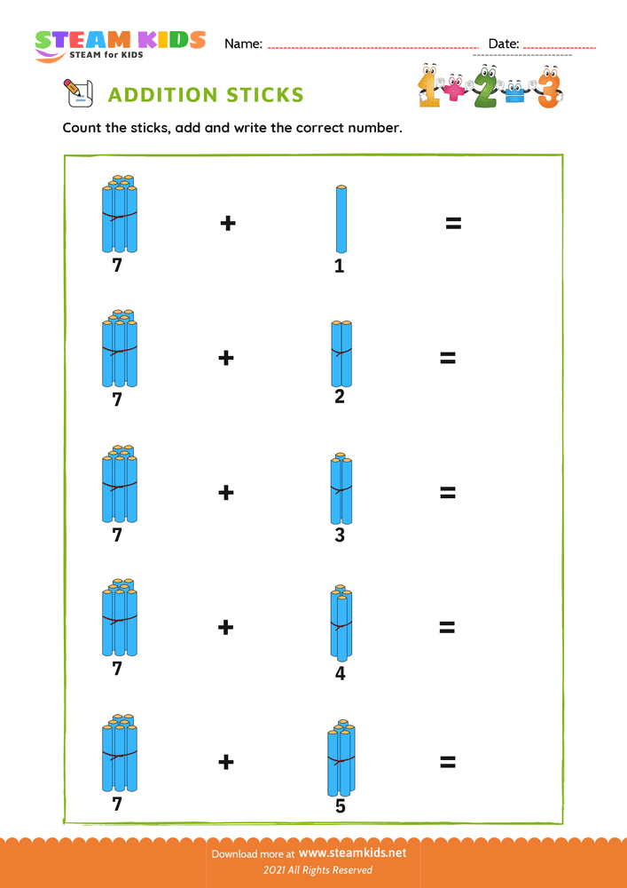 Free Math Worksheet - Addition with Sticks - Worksheet 3