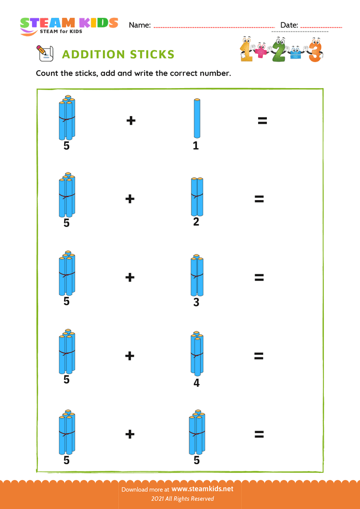 Free Math Worksheet - Addition with Sticks - Worksheet 4