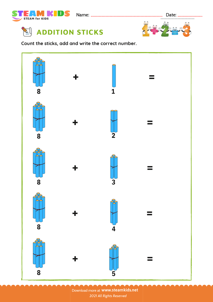 Free Math Worksheet - Addition with Sticks - Worksheet 5