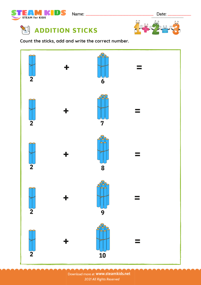 Free Math Worksheet - Addition with Sticks - Worksheet 6