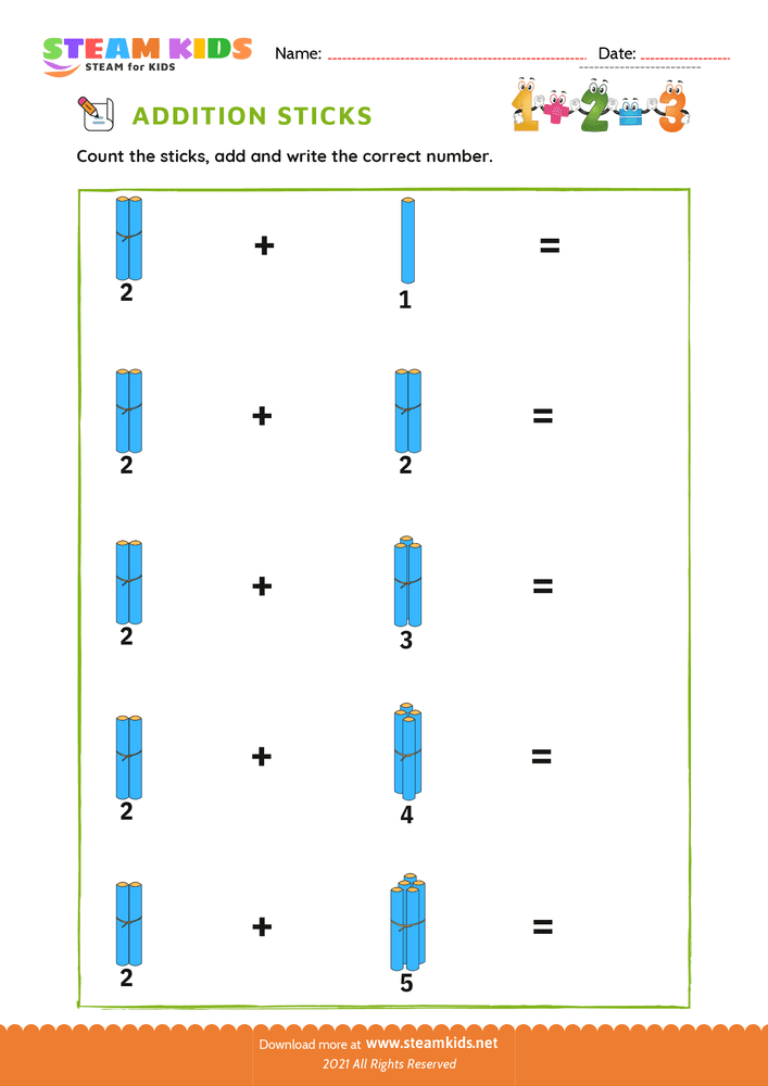 Free Math Worksheet - Addition with Sticks - Worksheet 7