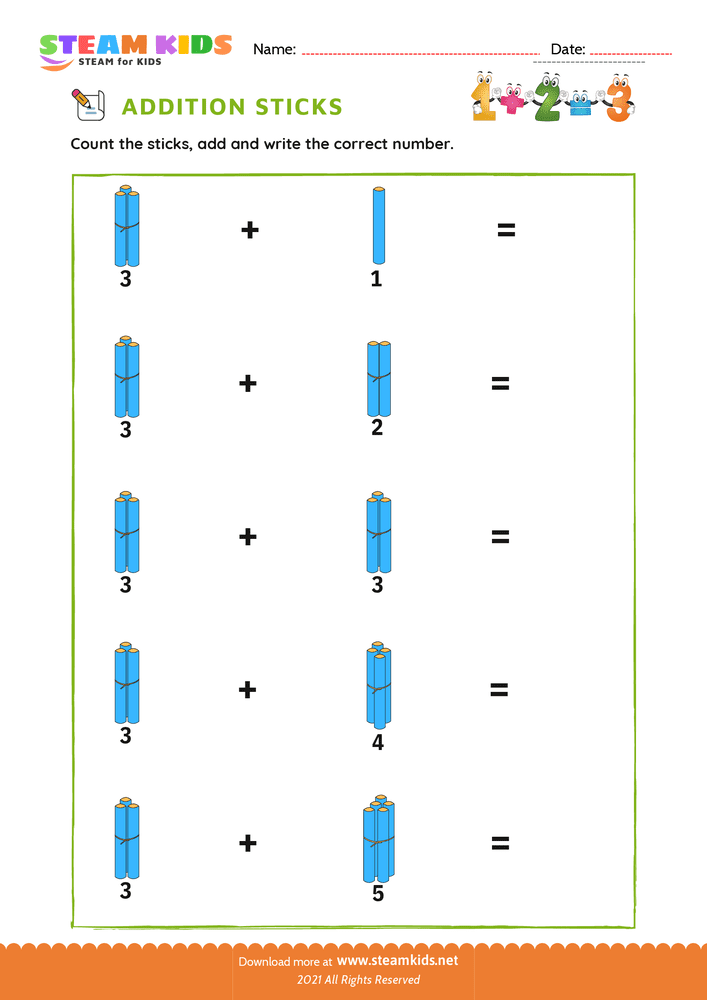 Free Math Worksheet - Addition with Sticks - Worksheet 8