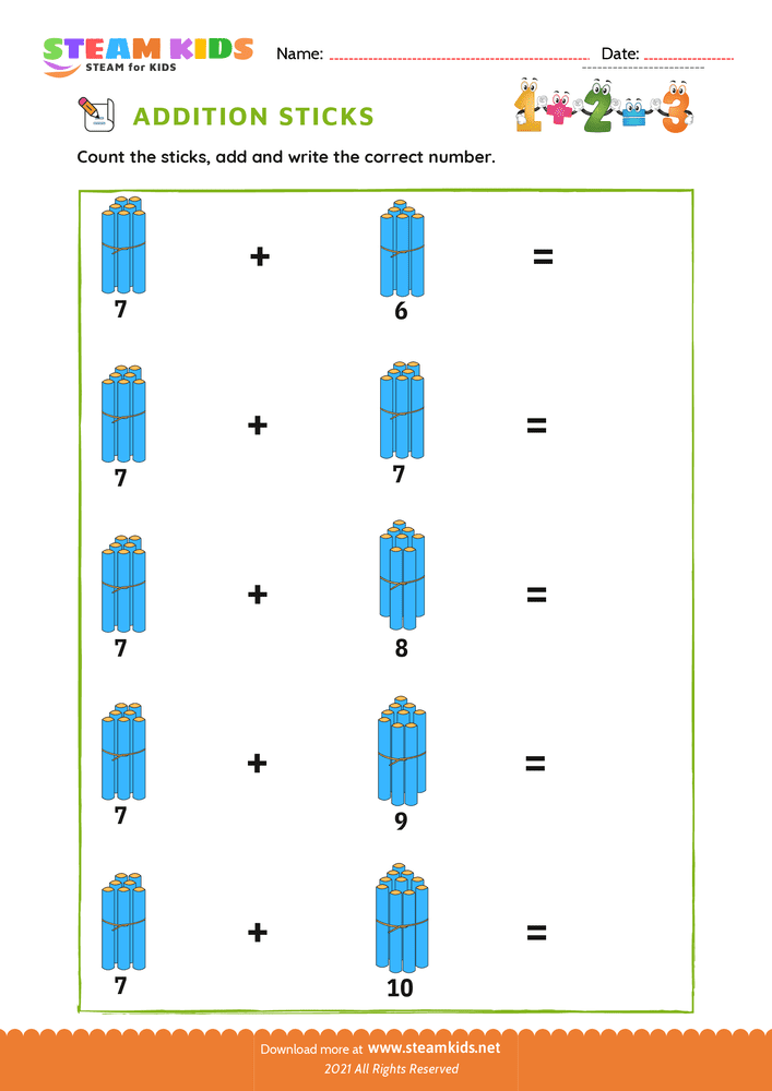 Free Math Worksheet - Addition with Sticks - Worksheet 9