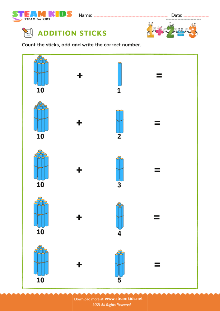 Free Math Worksheet - Addition with Sticks - Worksheet 10
