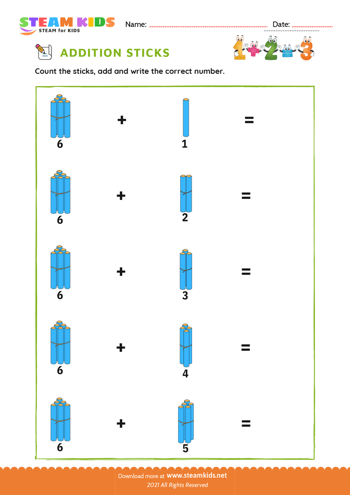 Free Math Worksheet - Addition with Sticks - Worksheet 11