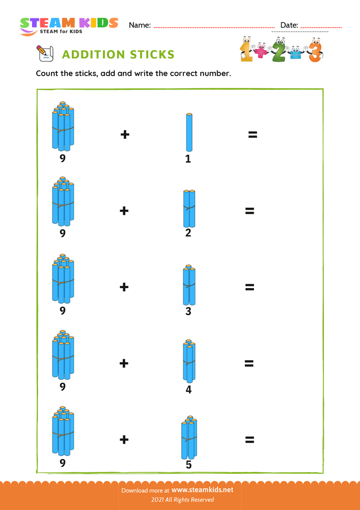 Free Math Worksheet - Addition with Sticks - Worksheet 12