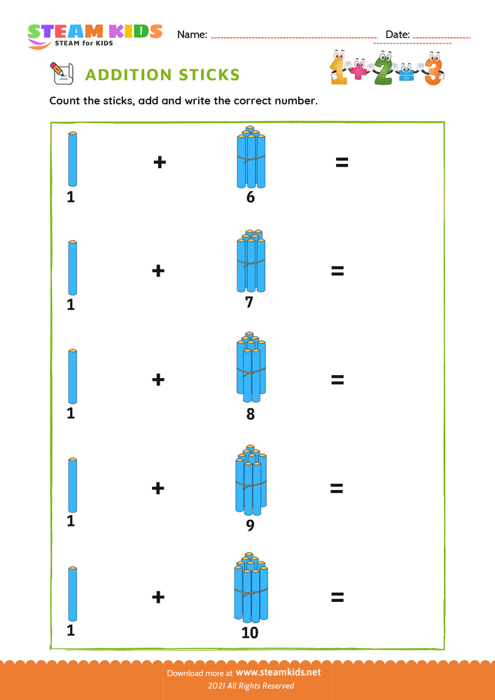 Free Math Worksheet - Addition with Sticks - Worksheet 14