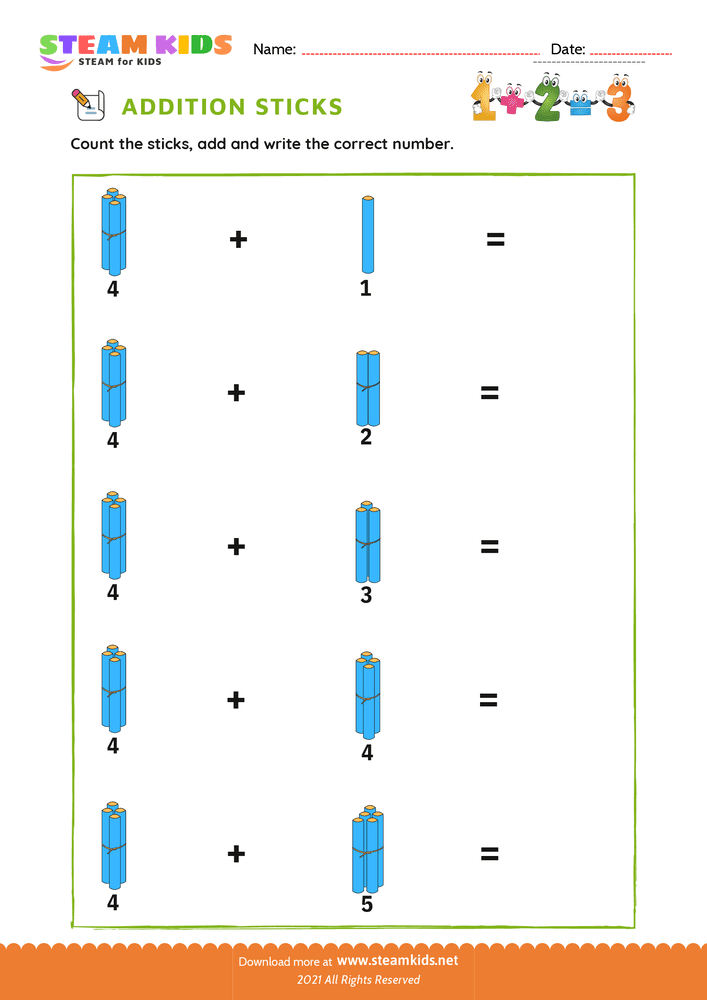 Free Math Worksheet - Addition with Sticks - Worksheet 15