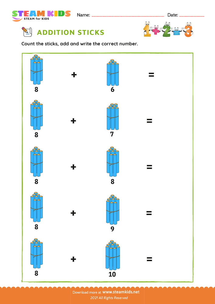 Free Math Worksheet - Addition with Sticks - Worksheet 17